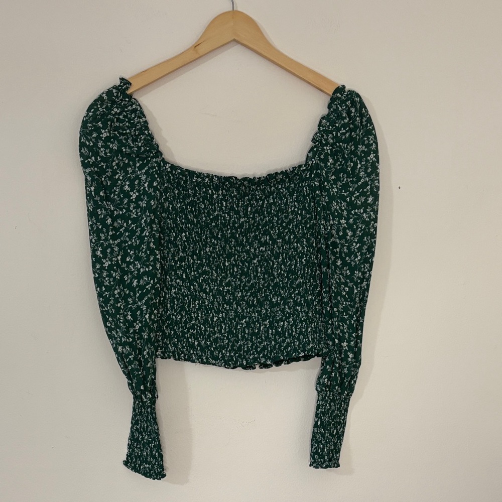 Reformation Pinto Green Floral Smocked Top Blouse XS Romantic Sheer Coquette